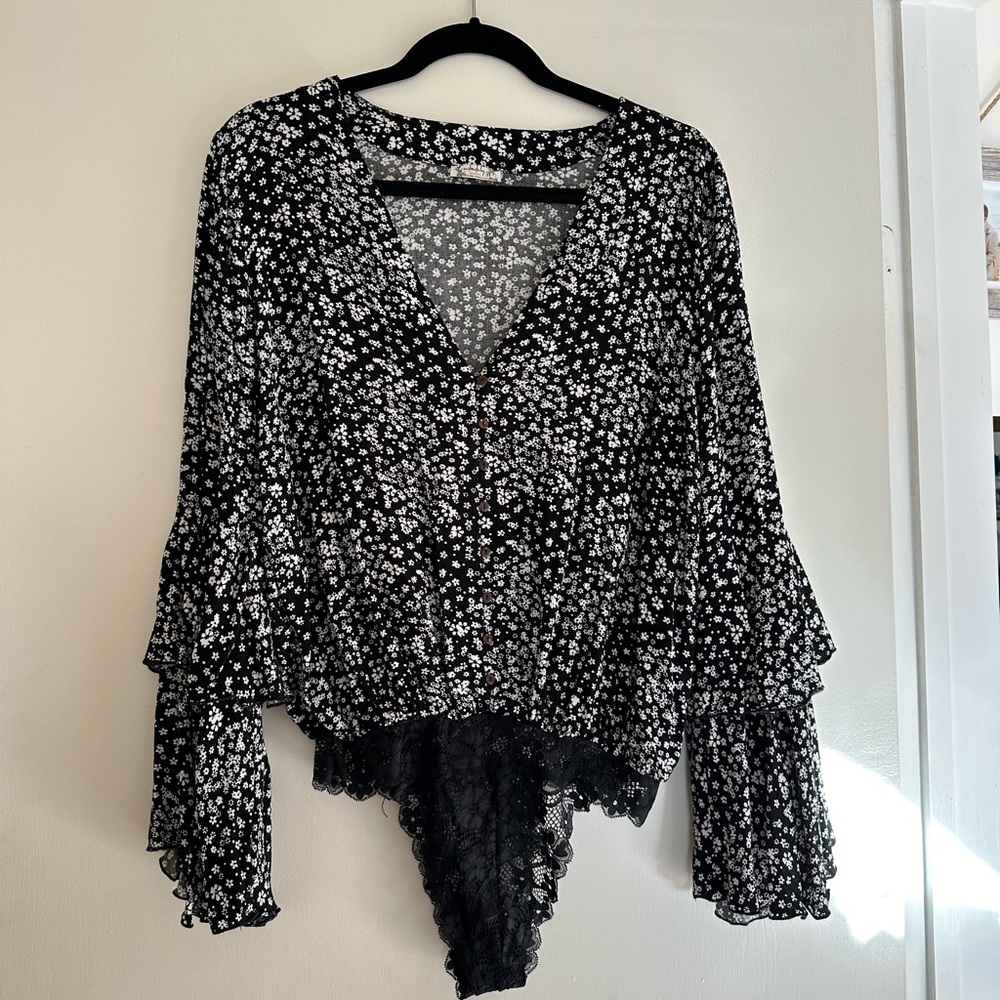 Free People Black & White Flower Bodysuit